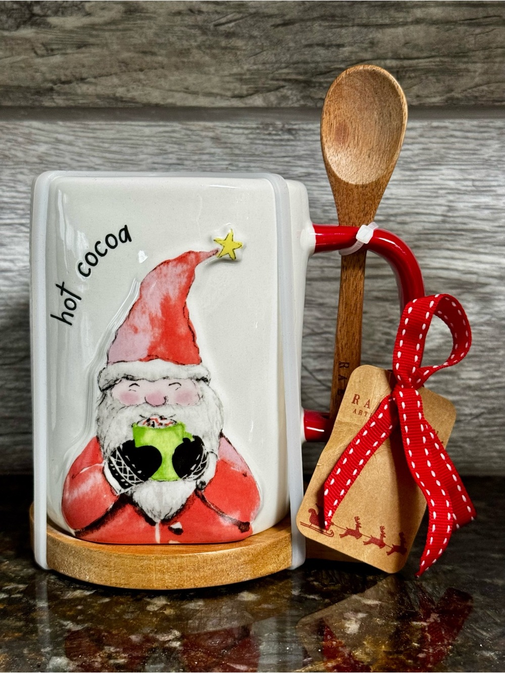 Rae Dunn Red and White Santa 'hot cocoa' Ceramic Mug with Wooden Spoon